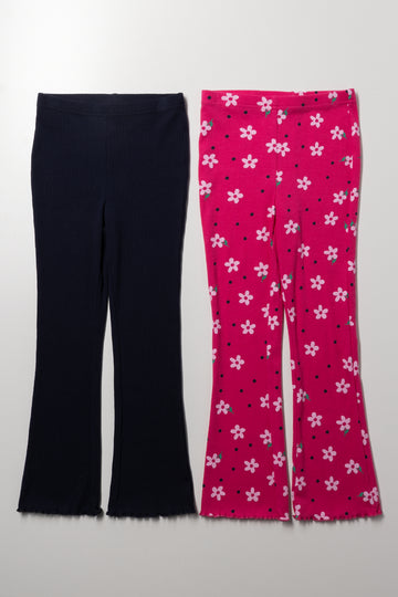 2 Pack Rib Flare Leggings Navy And Pink