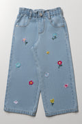 Flower Wide Leg Denim Jeans Blue