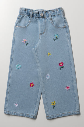 Flower Wide Leg Denim Jeans Blue