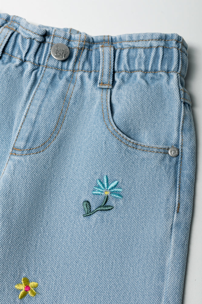 Flower Wide Leg Denim Jeans Blue (1)