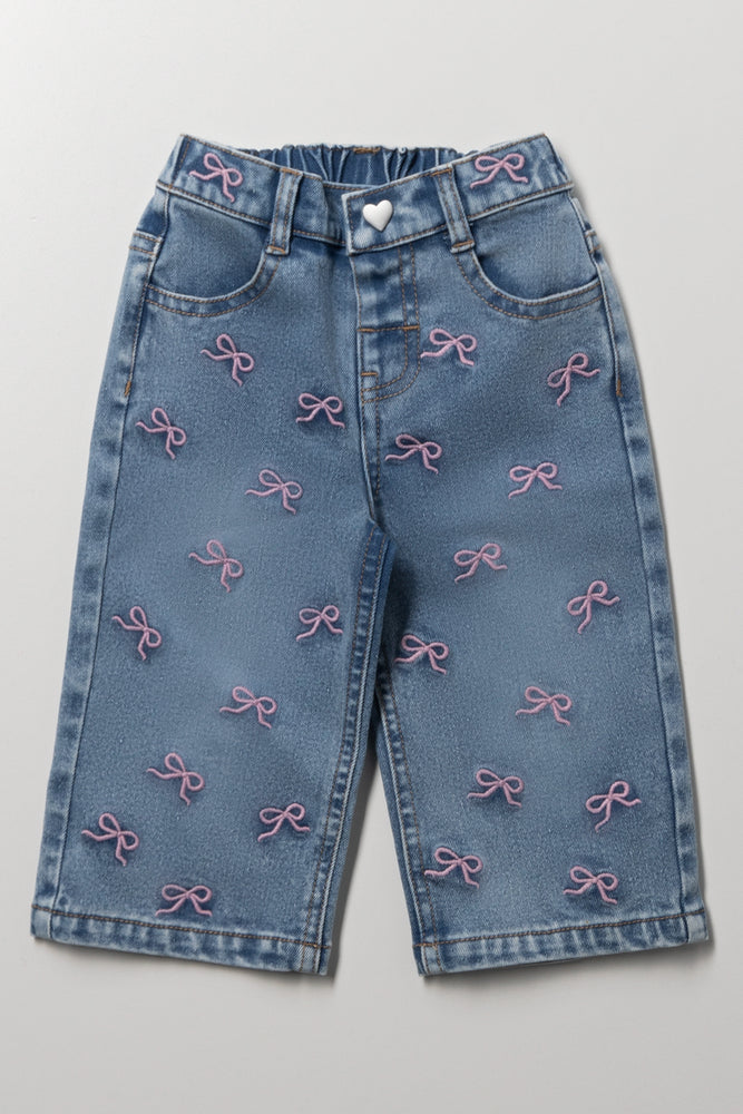 Bows Wide Leg Denim Jeans Blue