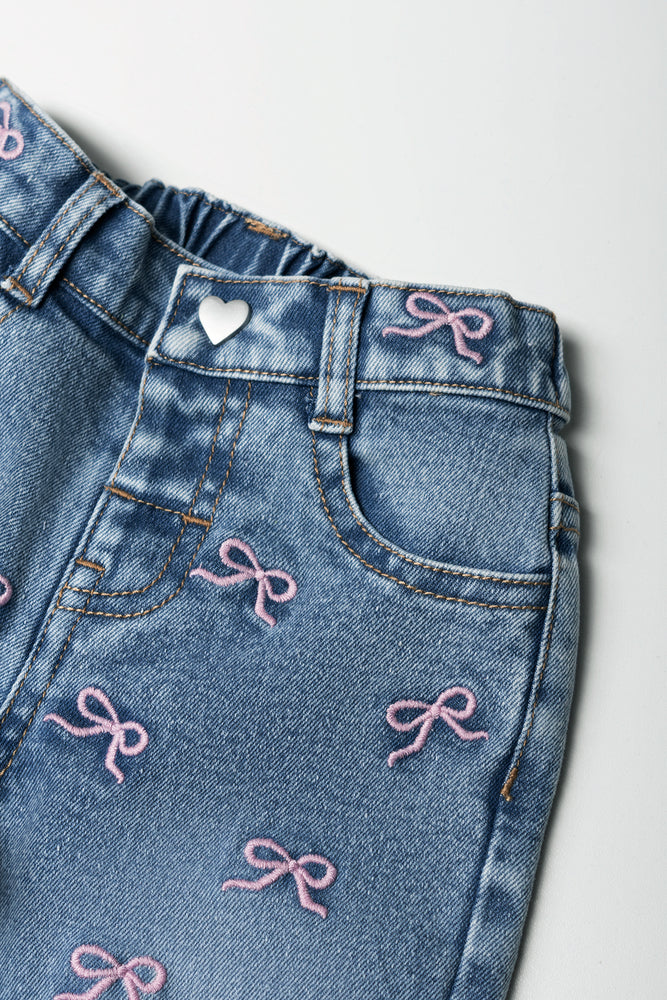 Bows Wide Leg Denim Jeans Blue (1)