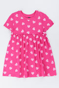 Pink Short Sleeve Heart Print Dress