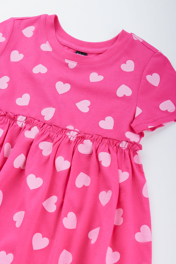 Pink Short Sleeve Heart Print Dress (1)