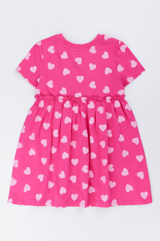 Pink Short Sleeve Heart Print Dress (2)