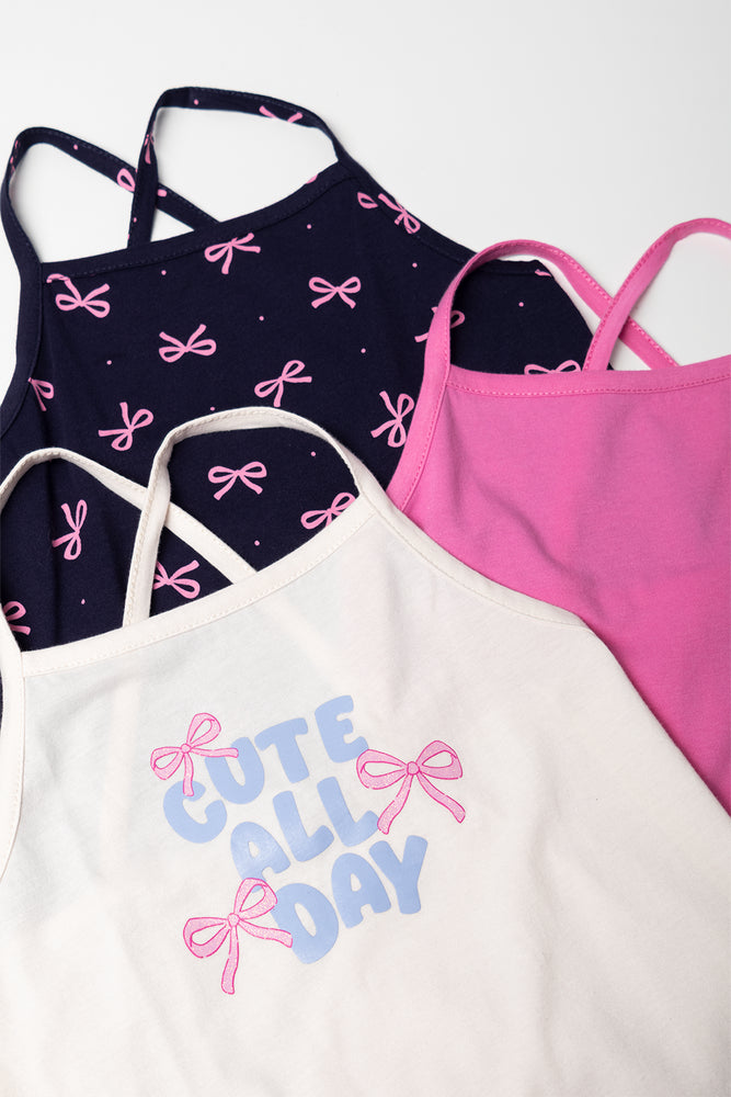3 Pack Vests Bow Print, Pink & Cream (1)