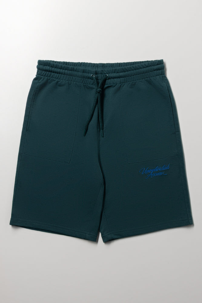 Dark Green Embroidered Knit Shorts