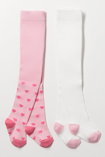 2 Pack Heart Tights Pink And White
