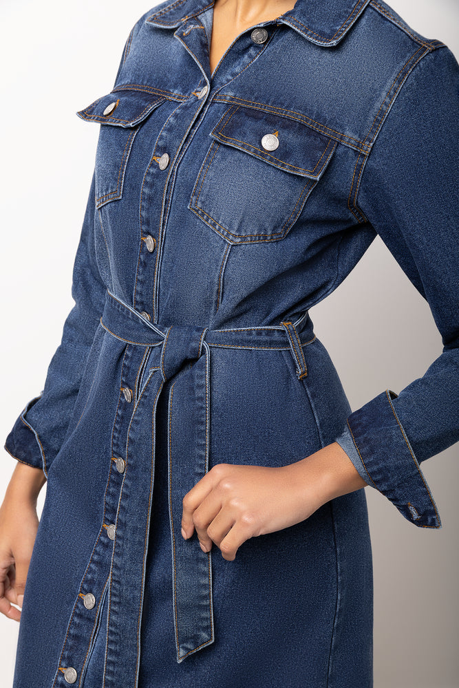 Long Sleeve Denim Shirtdress Mid Wash