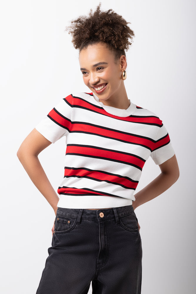 Stripe Ballerina Sleeve Crew Neck Knitwear White And Red