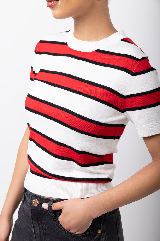 Stripe Ballerina Sleeve Crew Neck Knitwear White And Red (3)
