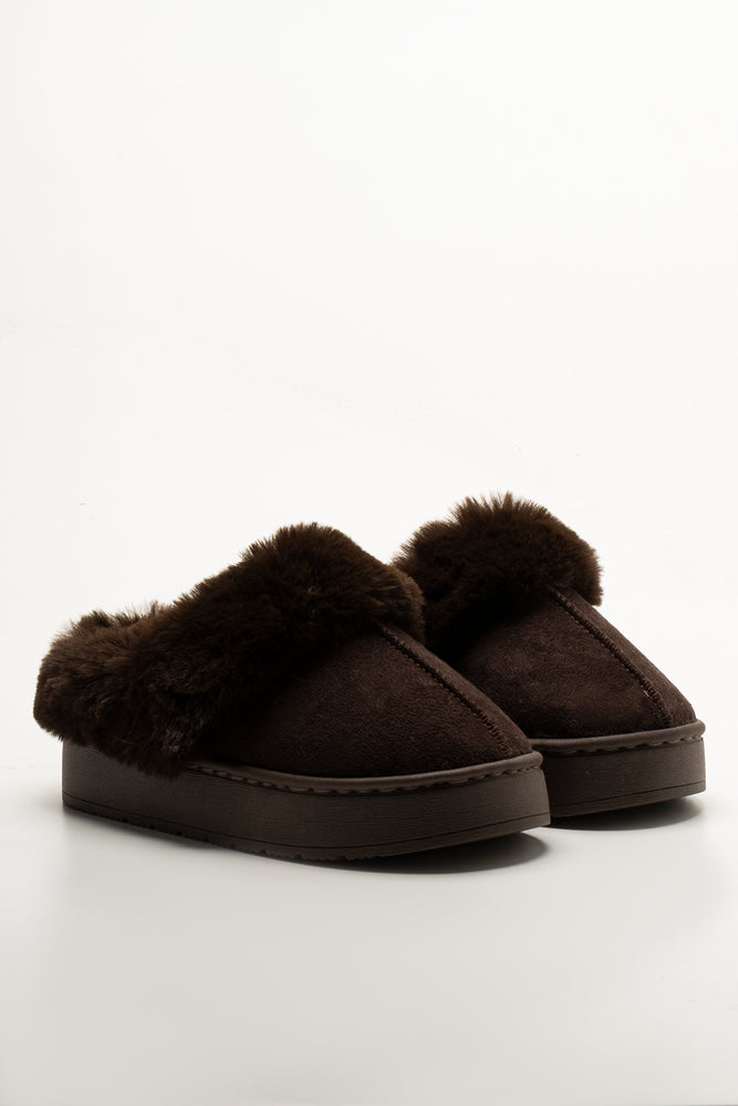 Fur Platform Slippers Brown