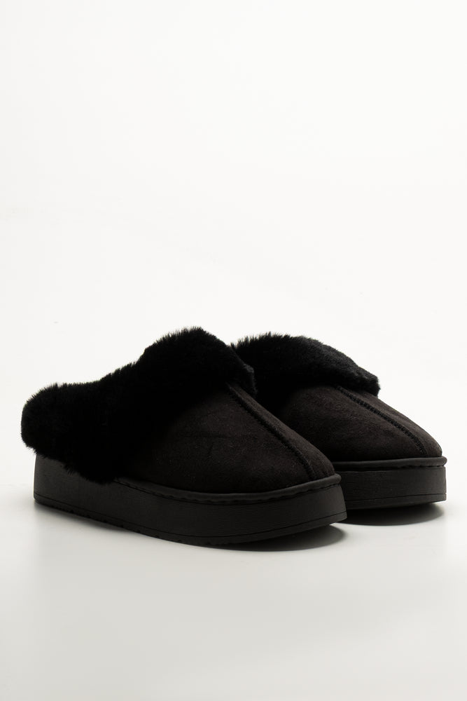 Fur Platform Slippers Black