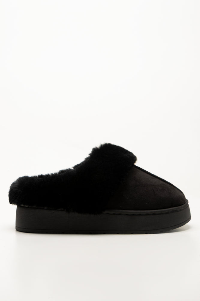 Fur Platform Slippers Black (1)