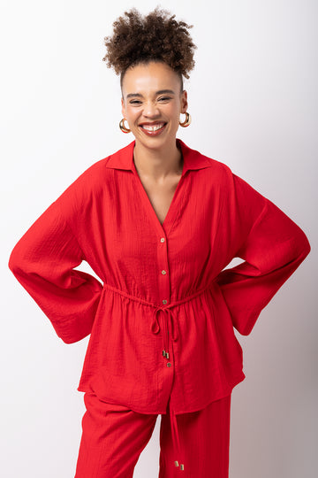 Long Sleeve Crinkle Kimono Red