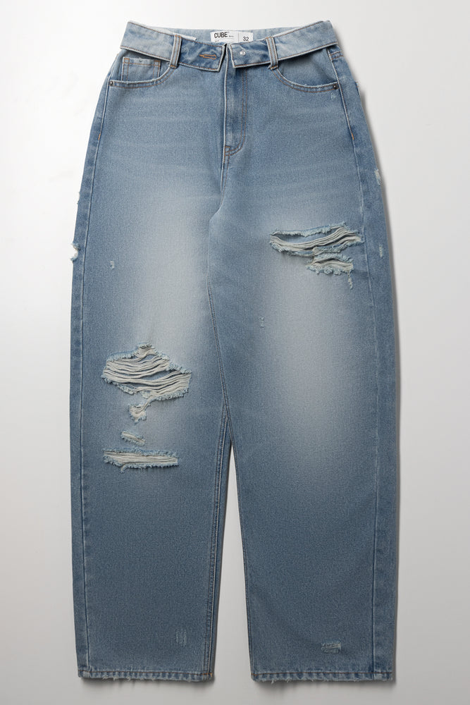 Light Blue High Rise Ripped Barrel Jeans