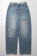 Light Blue High Rise Ripped Barrel Jeans