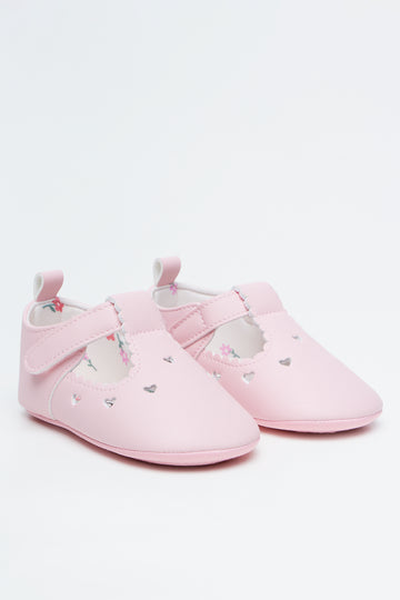 Pink Heart Scalloped Baby Pumps