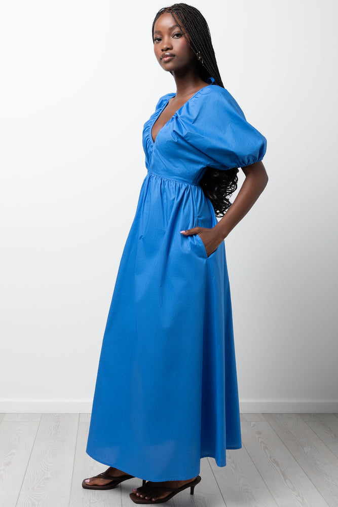 Puff Sleeve Midi Dress Blue