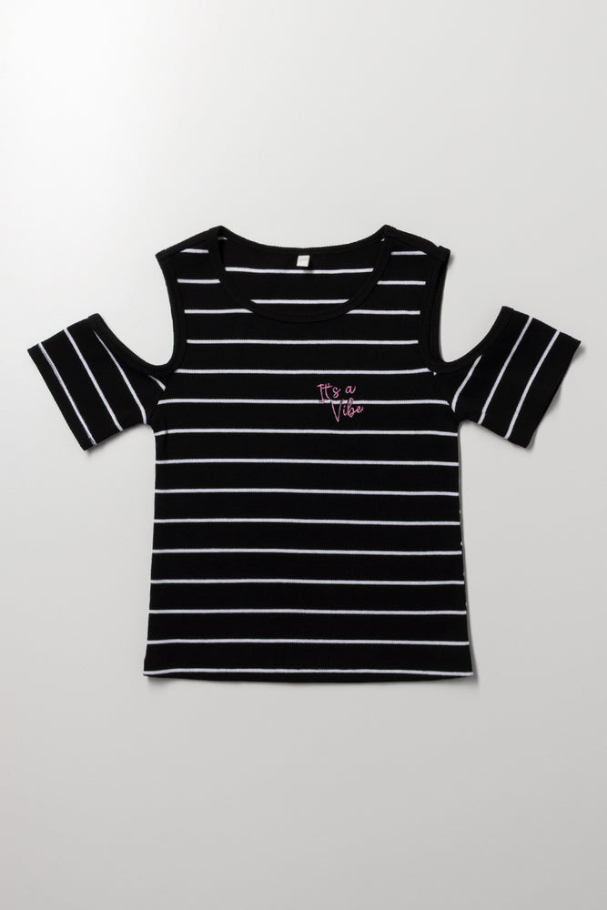 Stripe Cold Shoulder Top Black And White
