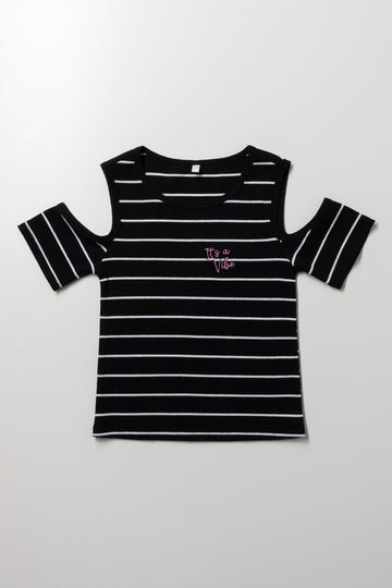 Stripe Cold Shoulder Top Black And White