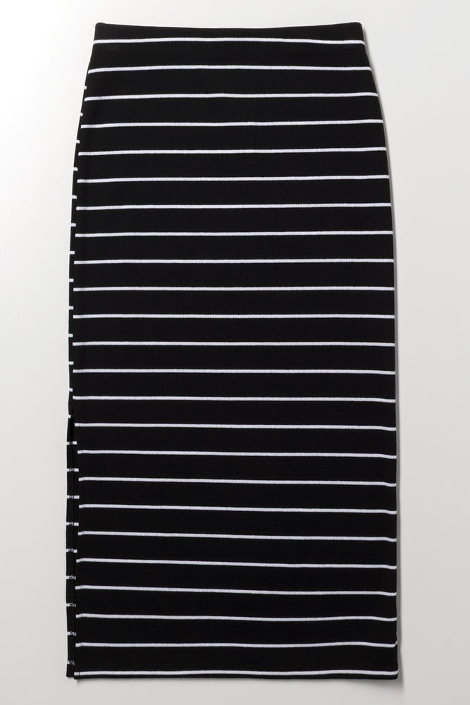 Stripe Midi Length Rib Skirt Black And White (2)