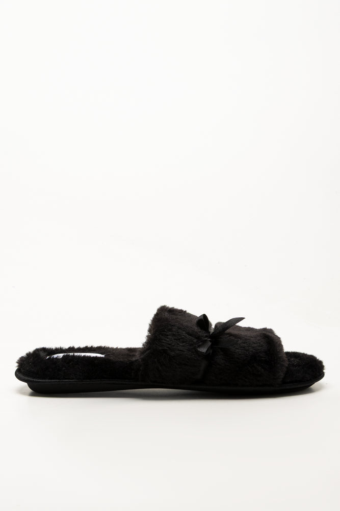 Satin Bow Slippers Black (1)