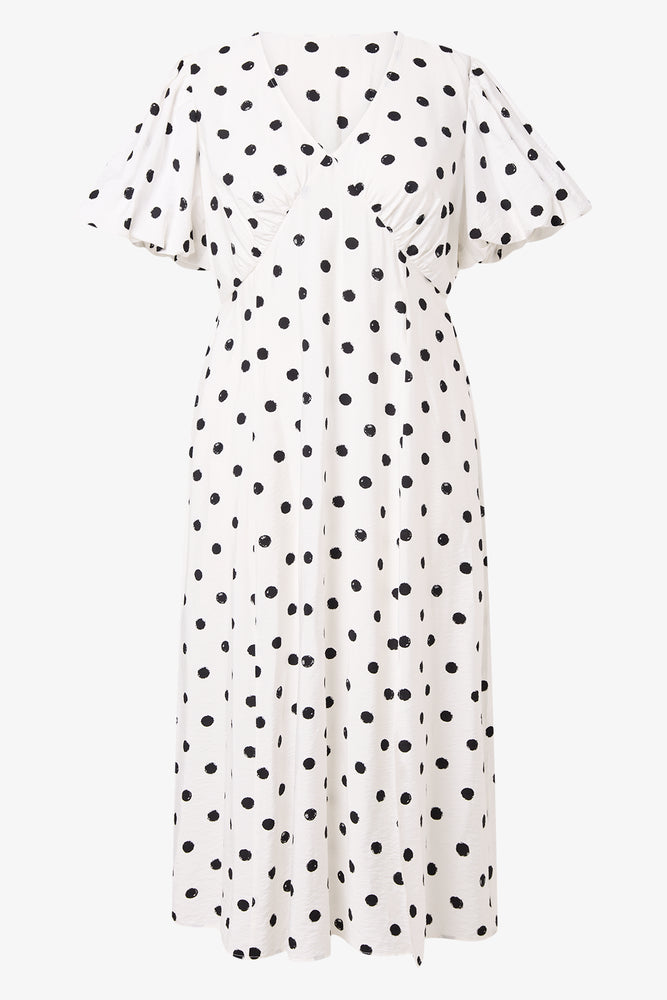 Spot Print Puff Sleeve Midi Dress