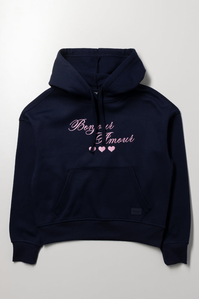 Bonjour Slogan Hoodie Navy