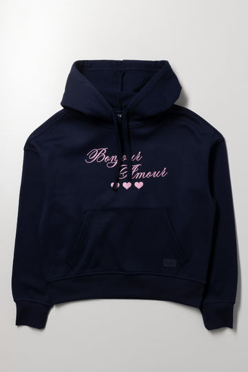 Bonjour Slogan Hoodie Navy