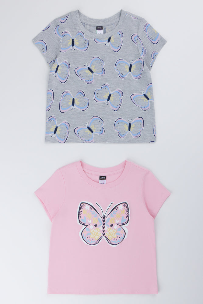 Pink And Grey 2 Pack Butterfly Short Sleeve T-Shirts