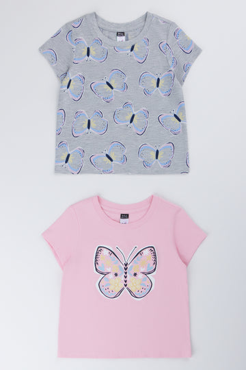 Pink And Grey 2 Pack Butterfly Short Sleeve T-Shirts