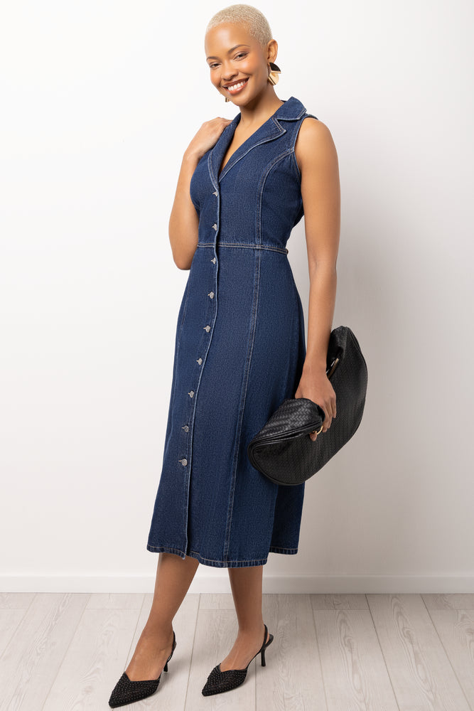 Sleeveless Collared Shirtdress Indigo (1)