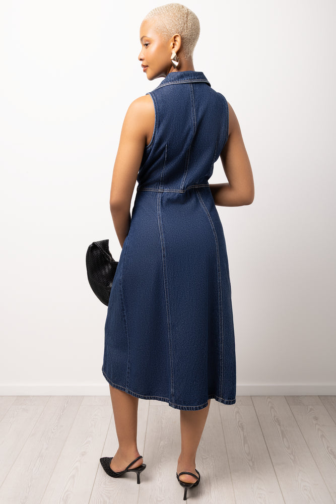 Sleeveless Collared Shirtdress Indigo (2)