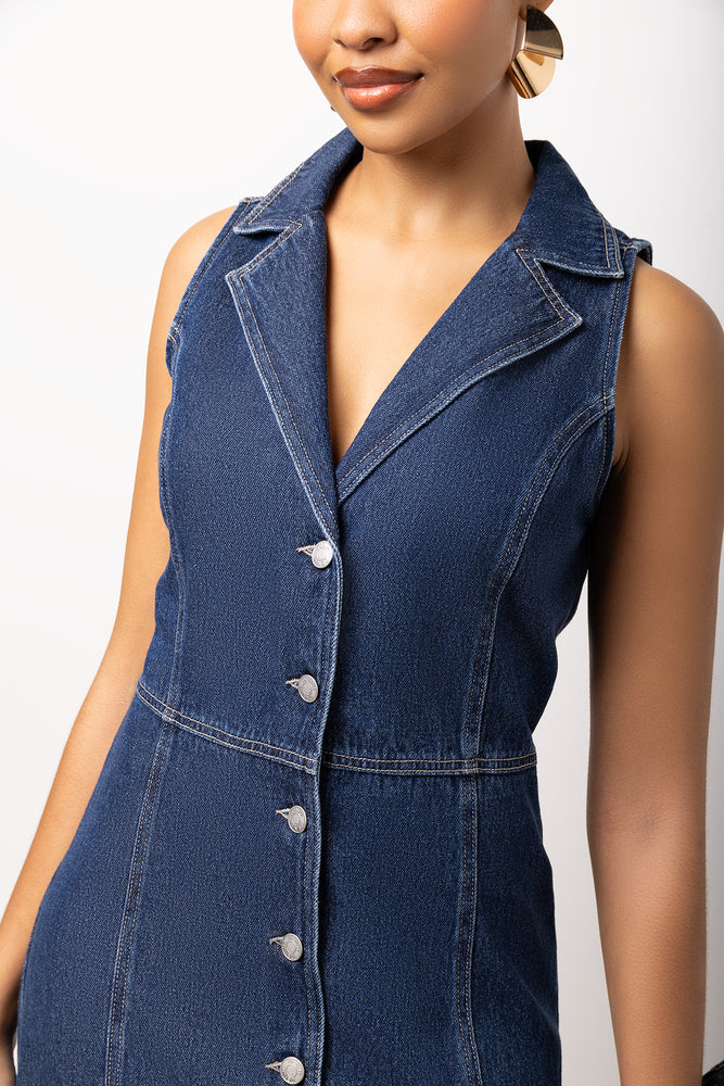 Sleeveless Collared Shirtdress Indigo (3)