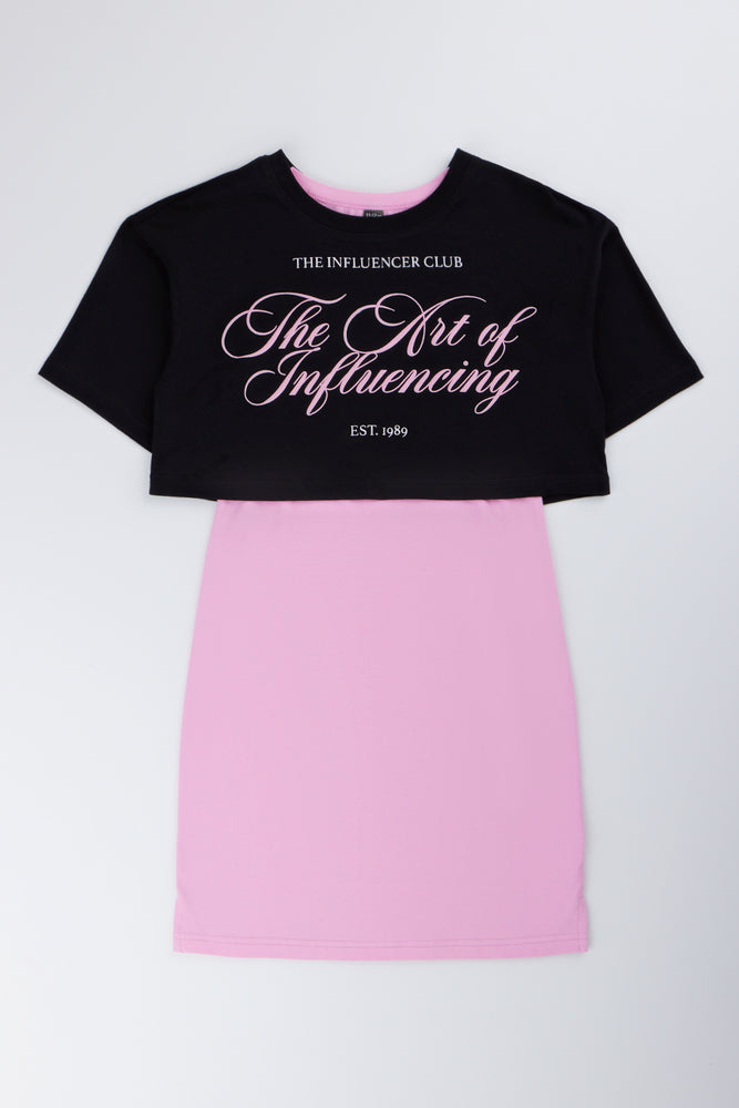 Pink and Black Slogan Dress