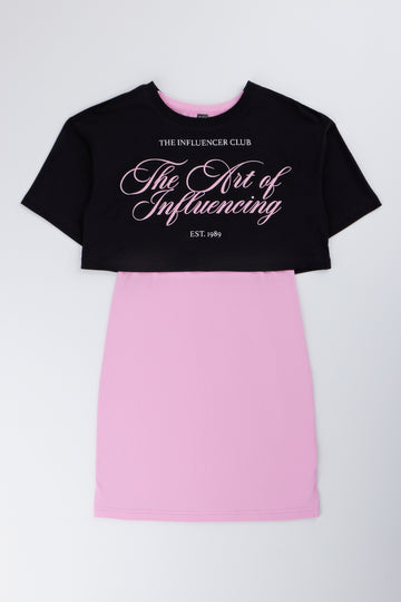 Pink and Black Slogan Dress