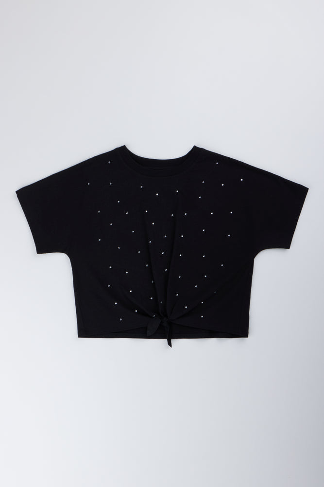 Black Diamante Tie Detail T-Shirt
