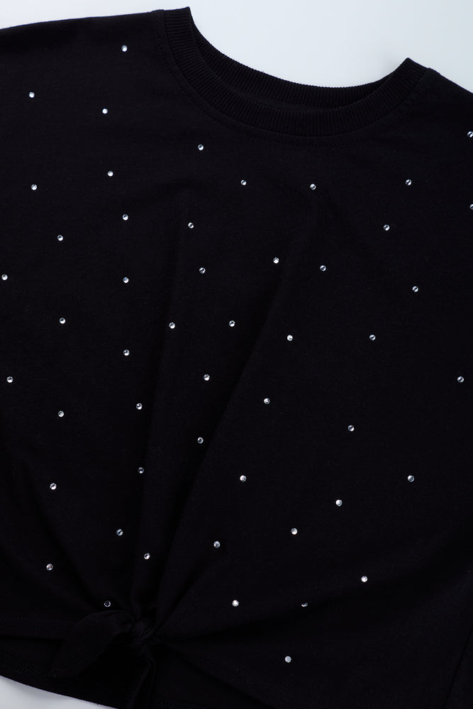 Black Diamante Tie Detail T-Shirt (1)