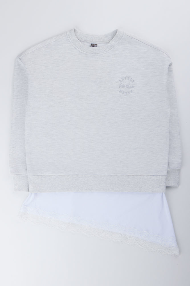 Oversized Lace Hem Grey Sweatshirt