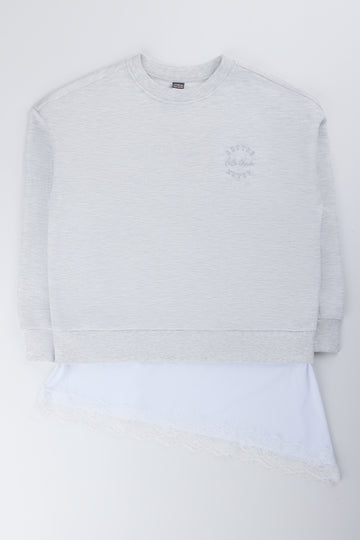 Oversized Lace Hem Grey Sweatshirt