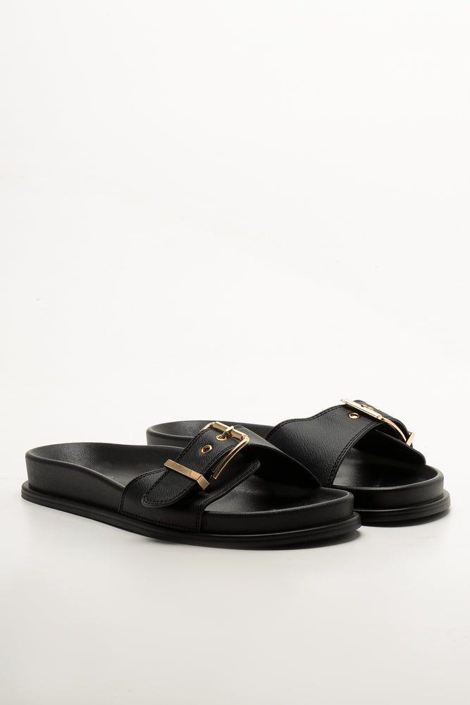 Black Buckle Strap Footbed Sandals