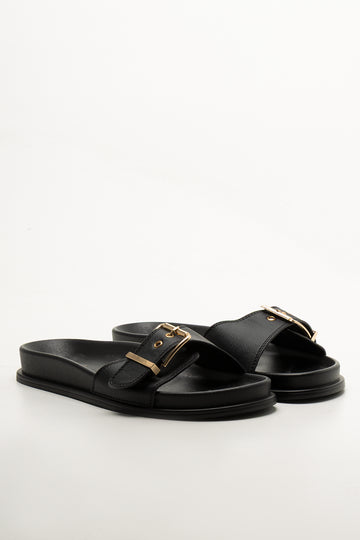 Black Buckle Strap Footbed Sandals