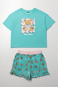 Aqua Bear Print Sleep Shorty Set