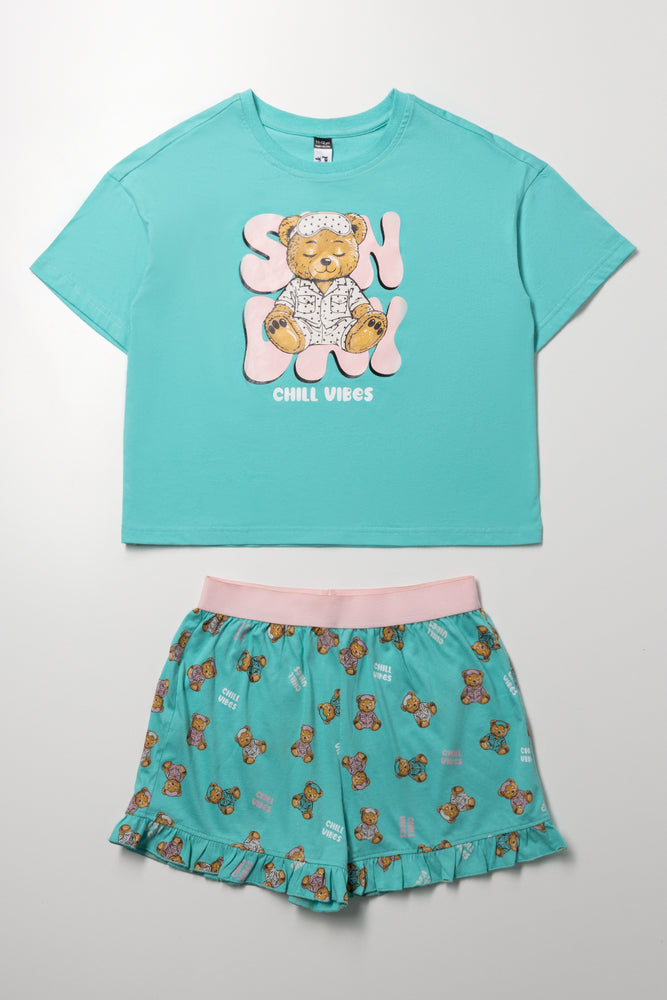 Aqua Bear Print Sleep Shorty Set