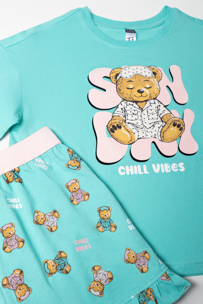 Aqua Bear Print Sleep Shorty Set (1)
