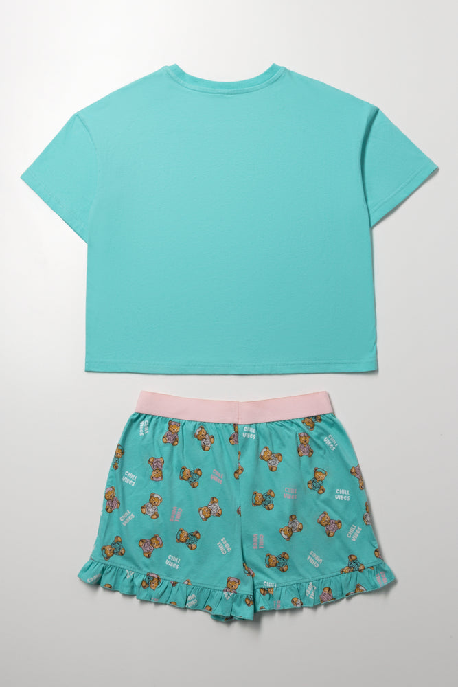 Aqua Bear Print Sleep Shorty Set (2)
