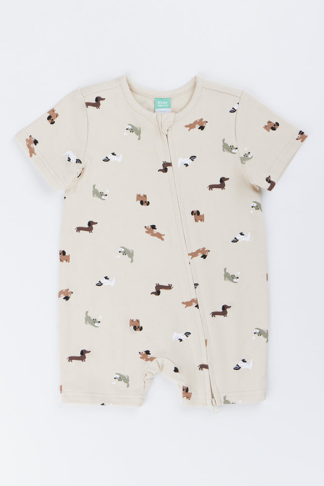 Oatmeal Dog Print Baby Romper