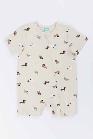 Oatmeal Dog Print Baby Romper