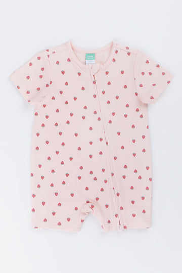 Strawberry Print Pink Baby Romper